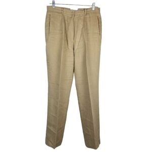 JSong Womens Linen Pants Straight Leg Size 10 Pleated Pockets Zipper Button Tan